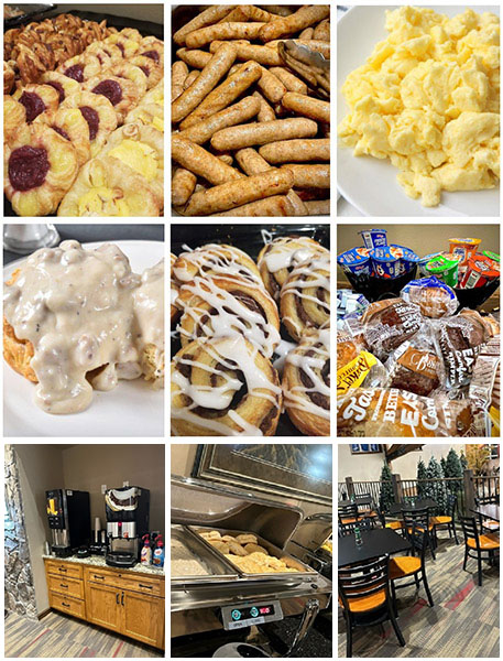 Sausage, scrambled eggs, biscuits and gravy, continental breakfast at the Lodge in Mauston, WI